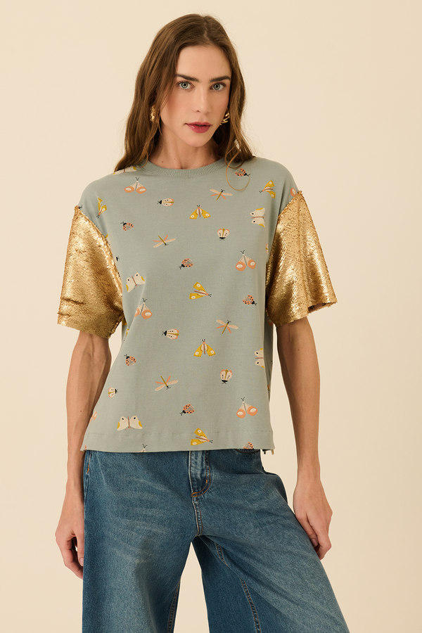 Camiseta Manga Paetê Mariposa