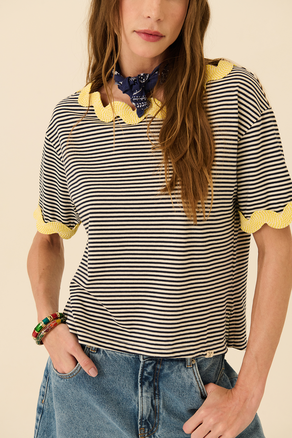 Camiseta Lista com Aviamento Marinho