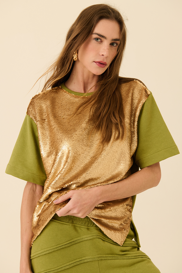 Camiseta Frente Paetê Verde