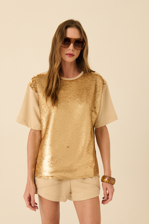 Camiseta Frente Paetê Bege